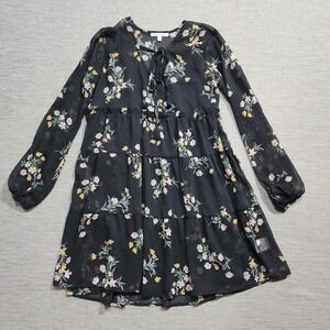 City Vibe Floral Tiered Babydoll Mini Dress Black Long Sleeve Tassel Tie Small